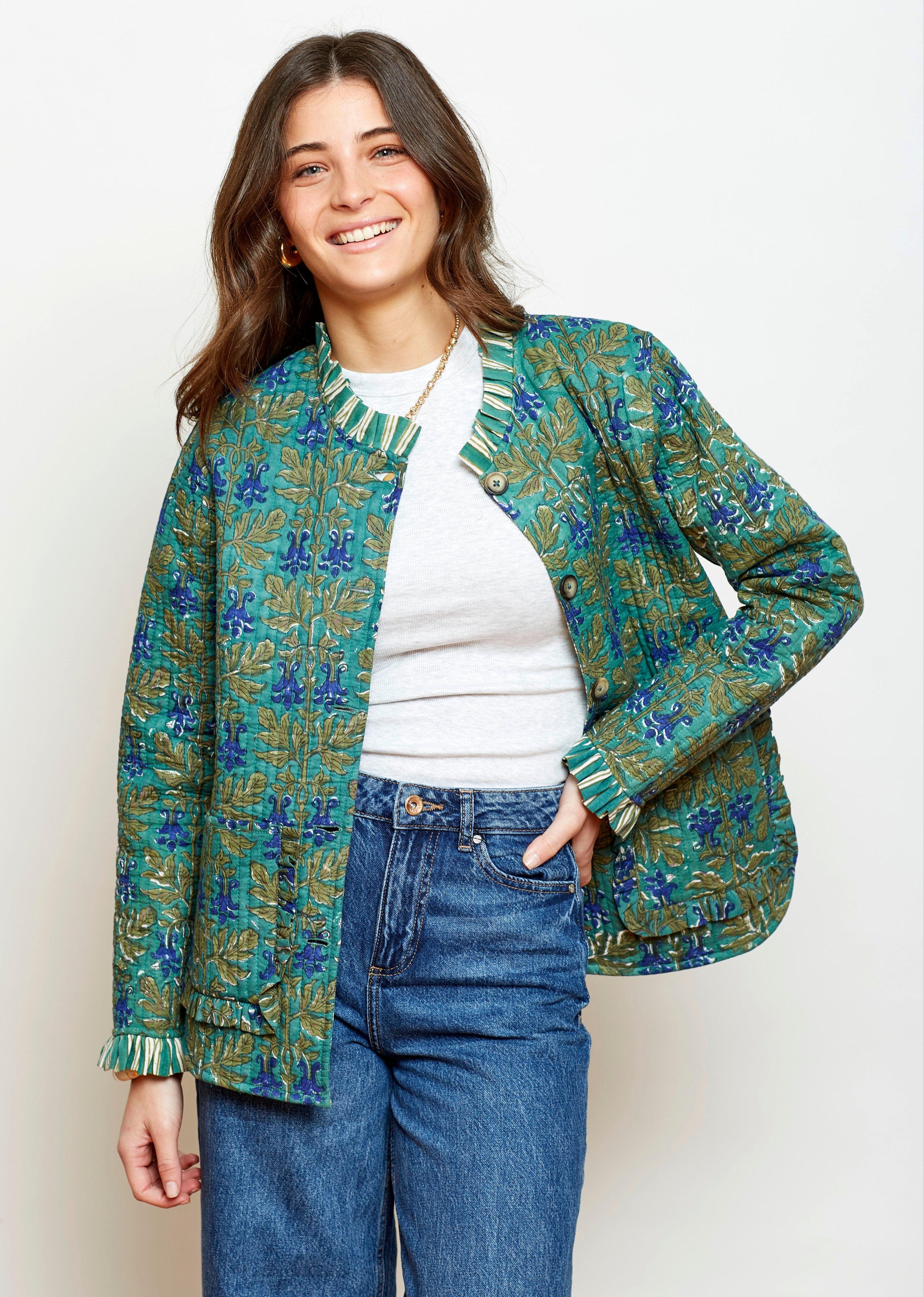 CHAQUETA FLORAL REVERSIBLE VERDE