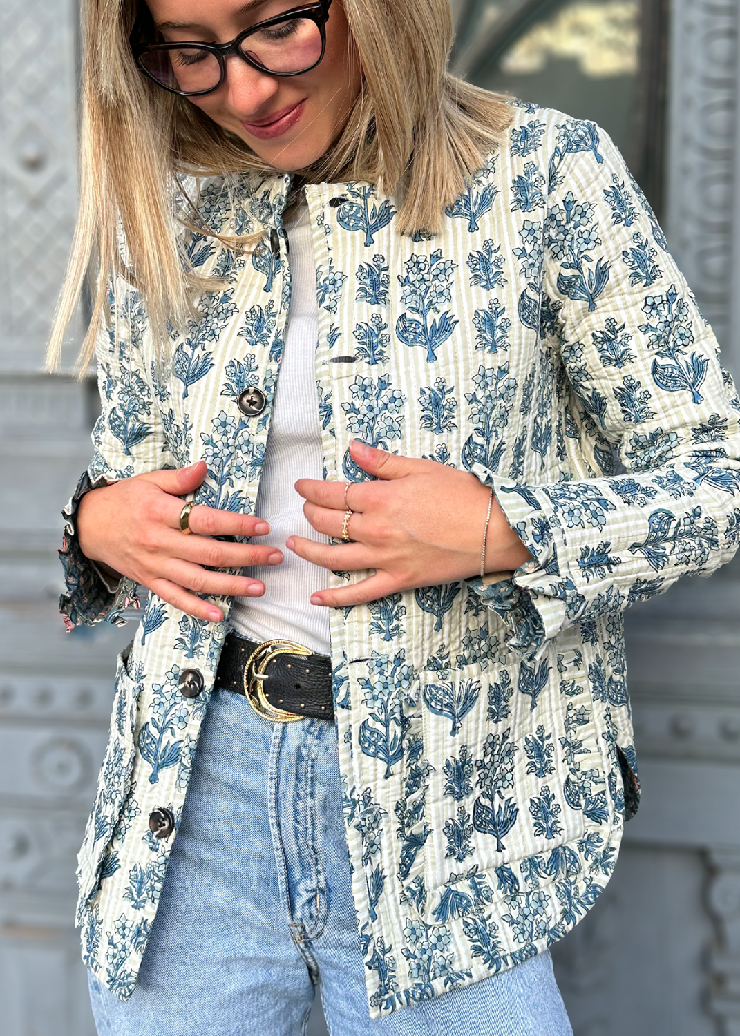 chaqueta acolchada estampado flores bolsillos
