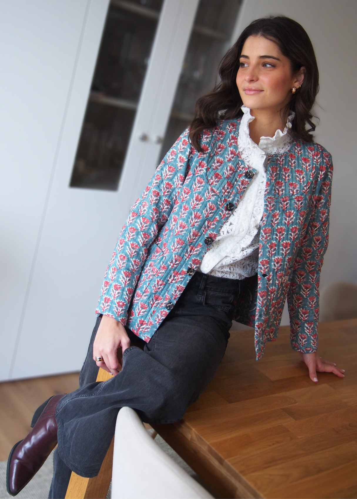 chaqueta turquesa reversible botones