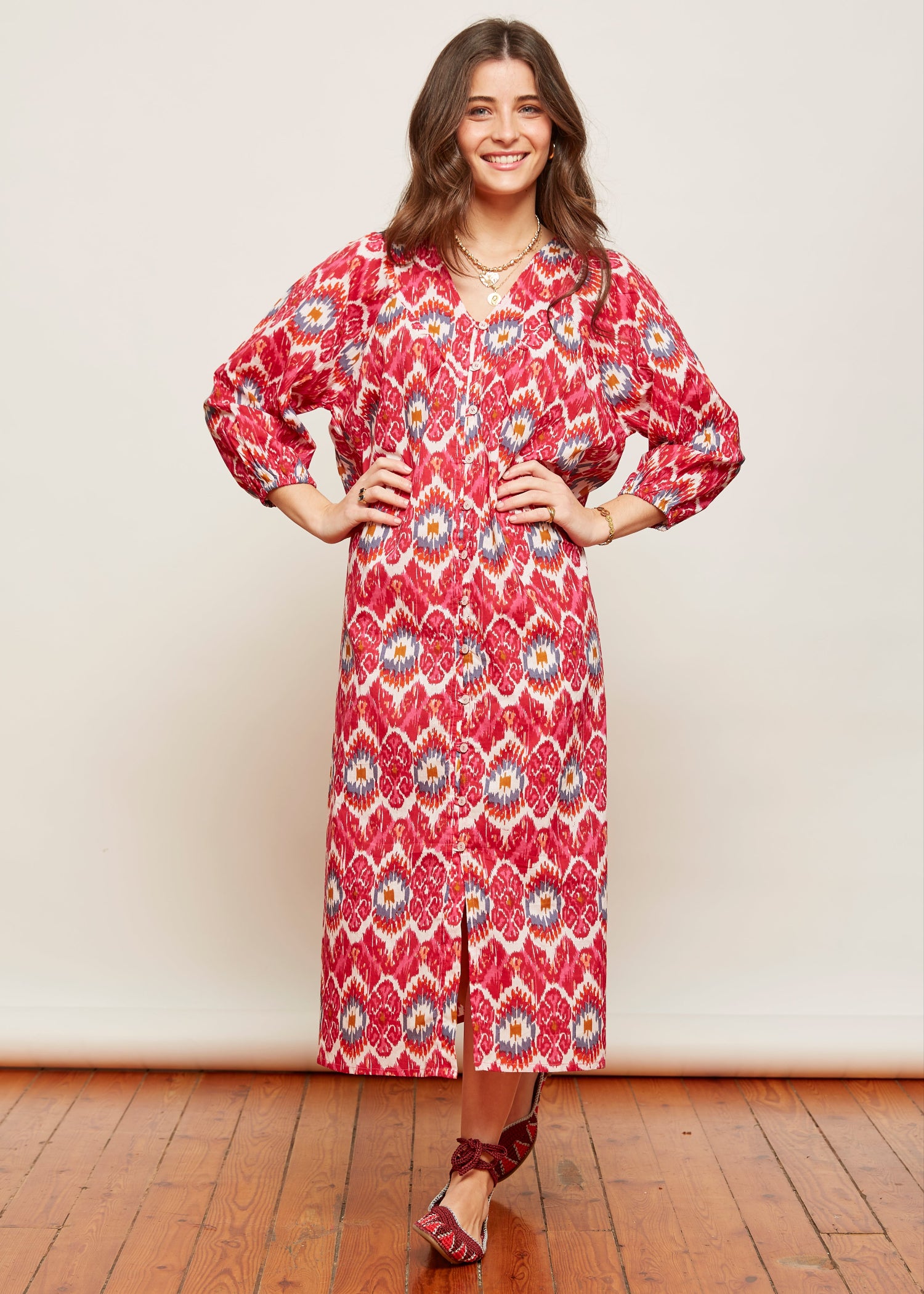 vestido algodón estampado fucsia etnico