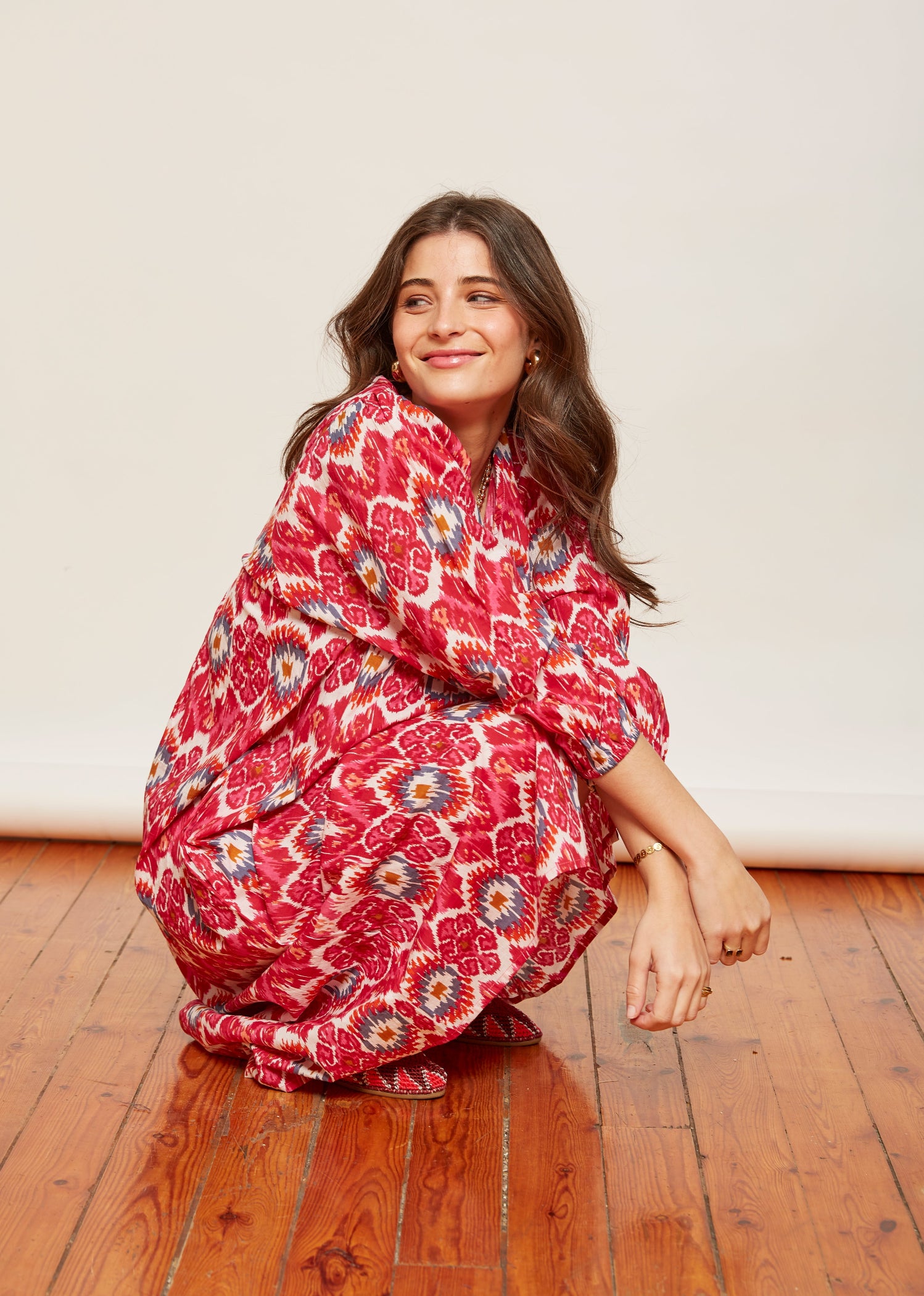 vestido algodón estampado ikat fucsia