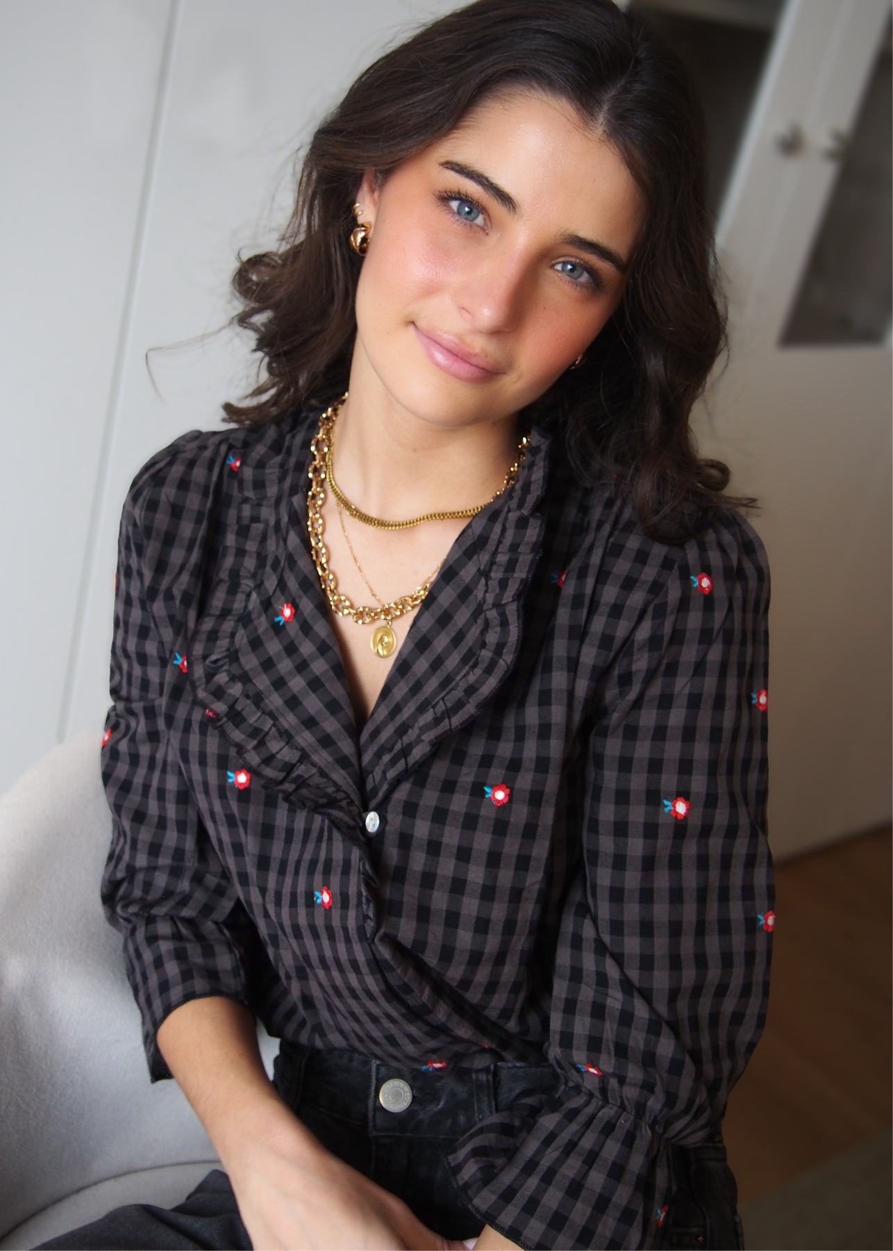 blusa vichy cuadros  flores bordadas