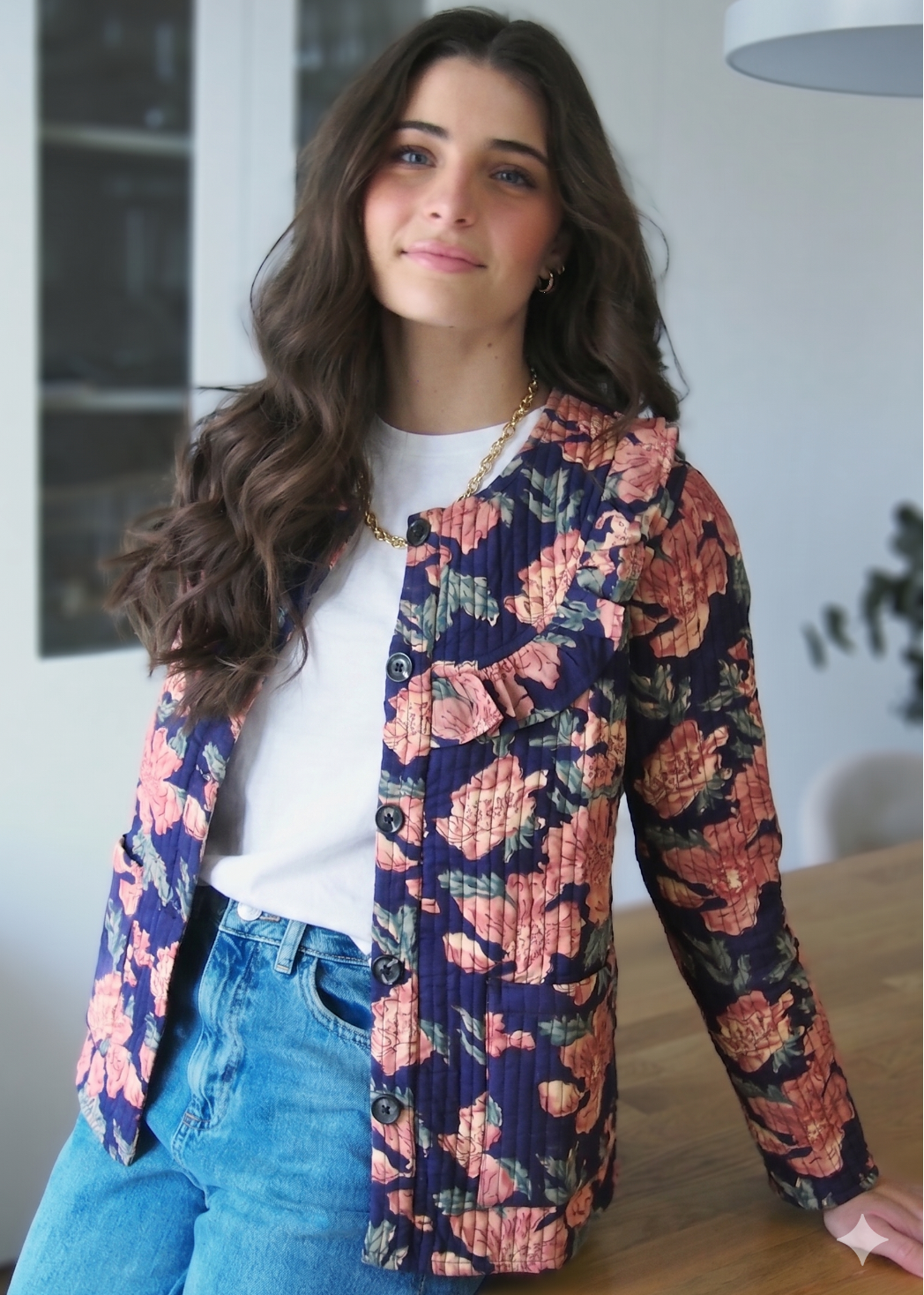 chaqueta flores azules reversible