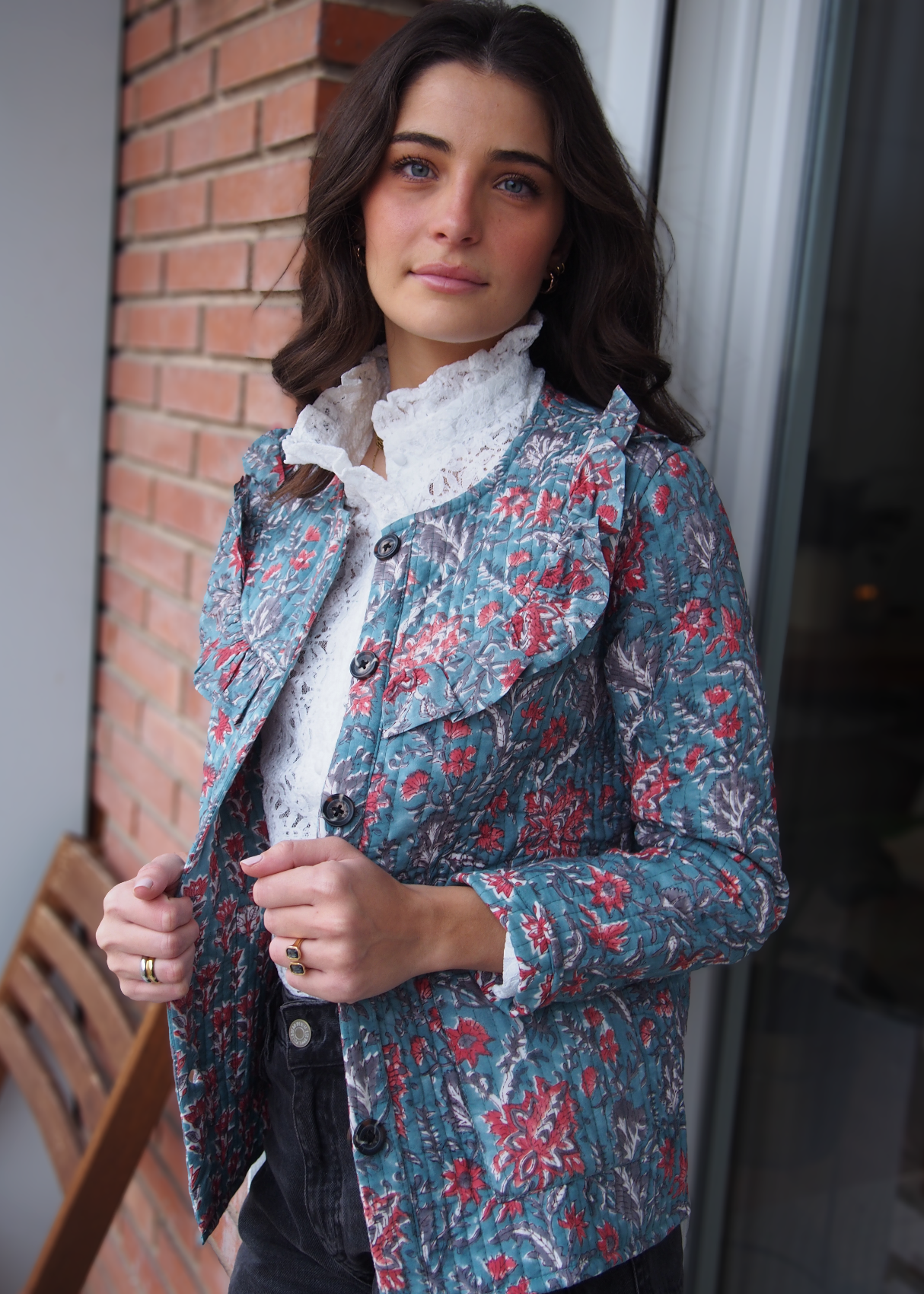 chaqueta turquesa reversible acolchada